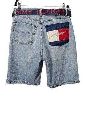 Tommy Hilfiger Vintage Denim Y2K Freedom Blue Jean Shorts Leather Belt Size 36